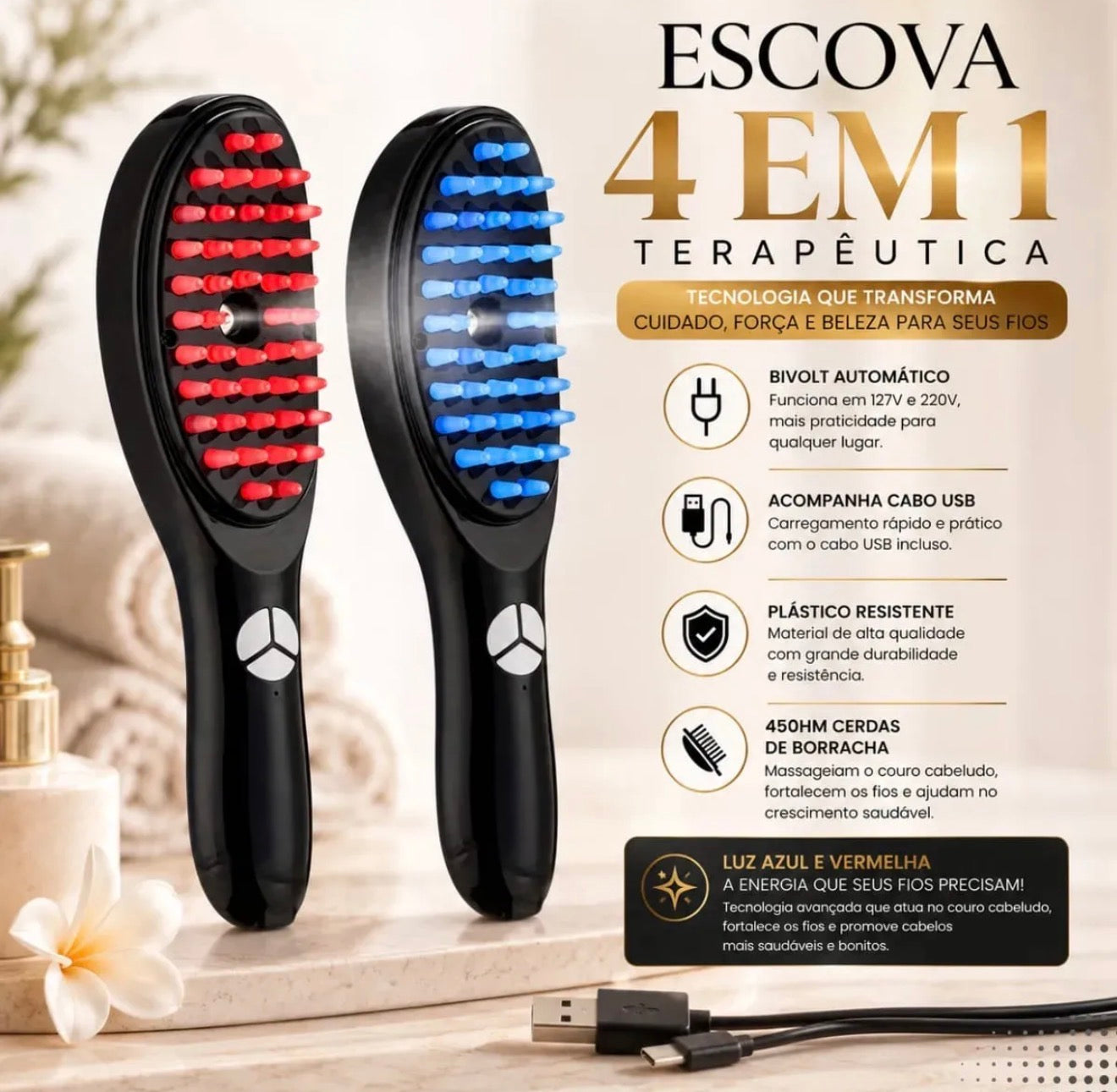 Escova Massageadora Capilar LED 4 EM 1