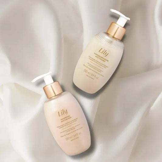 Linha Acetinada Lily | Shampoo e Condicionador 250ml – Hidratação e Brilho para Cabelos
