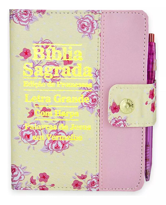 Bíblia Feminina Letra Grande com Harpa, Botão e Caneta