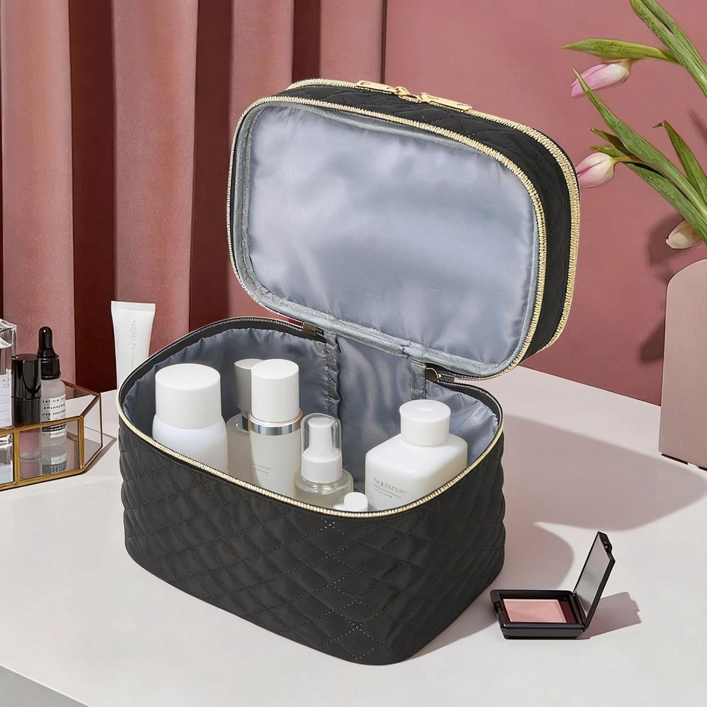 Nécessaire Grande de Viagem com Duas Camadas e Compartimentos para Pincéis – Preta