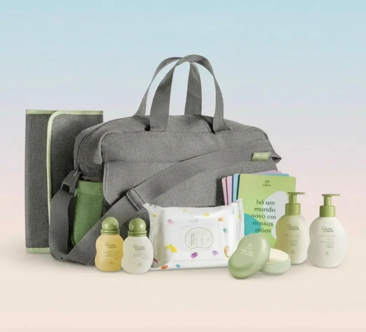 Conjunto Natura Mamãe E Bebê Com Bolsa, Trocador E Produtos. 8 Itens