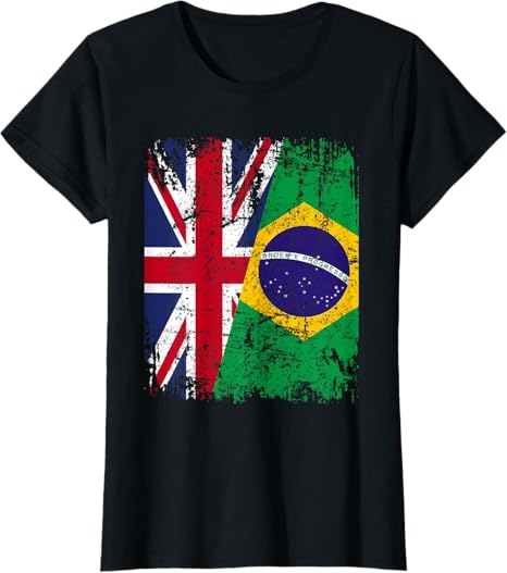 Camiseta Brasil + Reino Unido – Bandeira da Amizade Vintage (Modelo Feminino)
