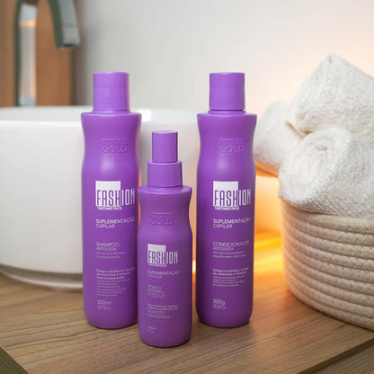 Kit 100tímetros Fashion Gold – Tratamento Capilar Completo (Shampoo + Condicionador + Tônico)