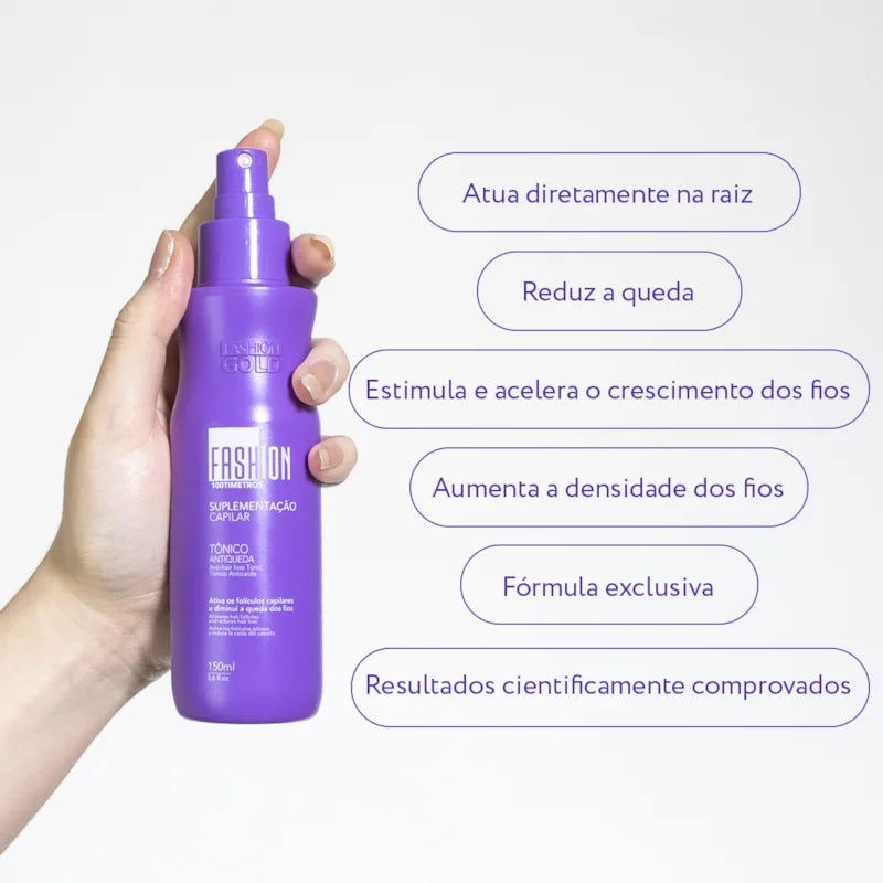 Kit 100tímetros Fashion Gold – Tratamento Capilar Completo (Shampoo + Condicionador + Tônico)