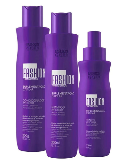Kit 100tímetros Fashion Gold – Tratamento Capilar Completo (Shampoo + Condicionador + Tônico)
