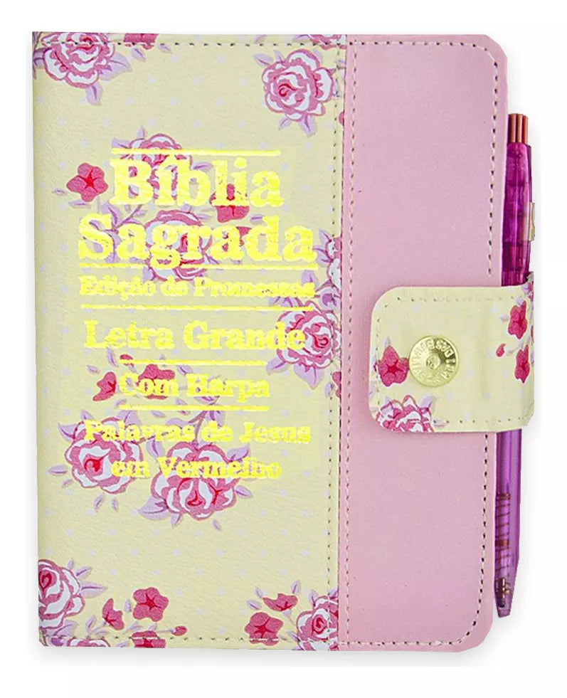 Bíblia Feminina Letra Grande com Harpa, Botão e Caneta