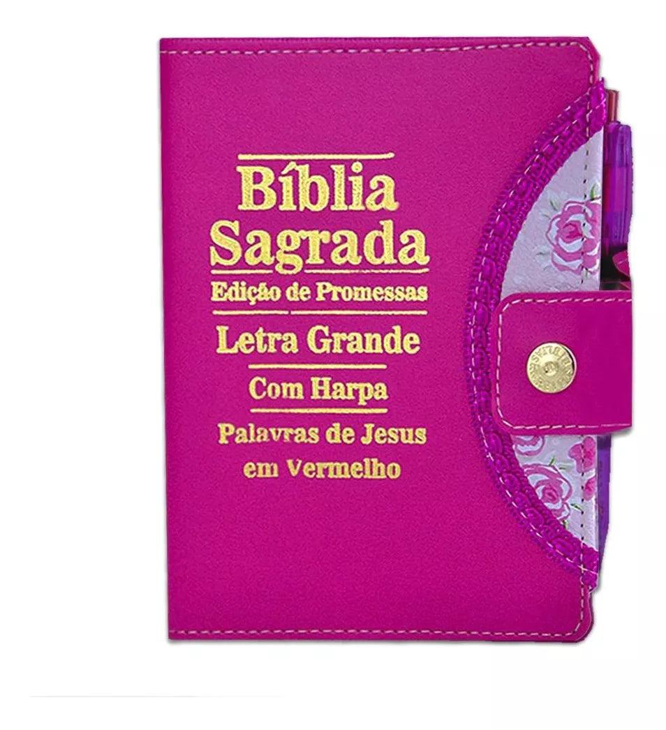 Bíblia Feminina Letra Grande com Harpa, Botão e Caneta