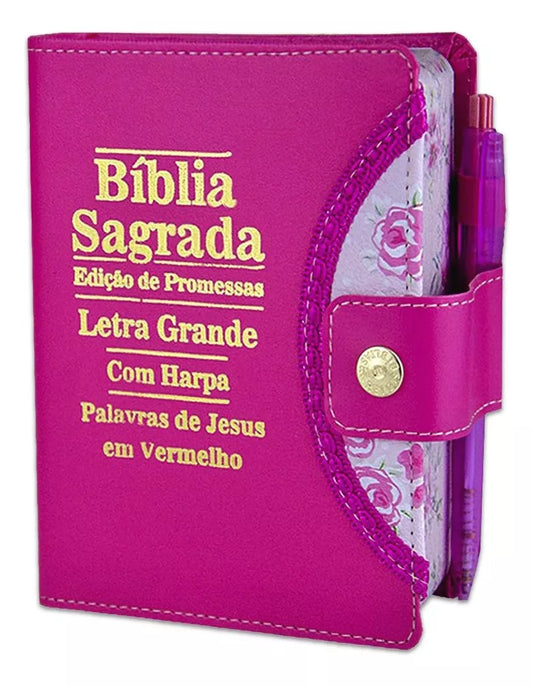 Bíblia Feminina Letra Grande com Harpa, Botão e Caneta