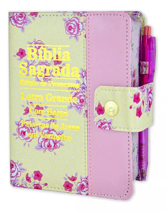 Bíblia Feminina Letra Grande com Harpa, Botão e Caneta