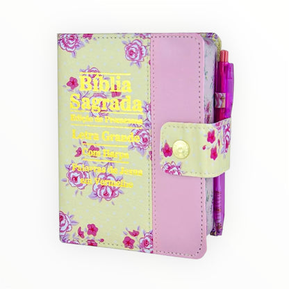 Bíblia Feminina Letra Grande com Harpa, Botão e Caneta