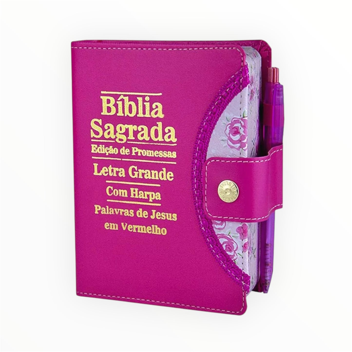 Bíblia Feminina Letra Grande com Harpa, Botão e Caneta