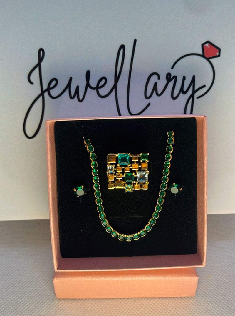 Three-Piece Set: Choker, Earrings, and Ring with Emerald Stones