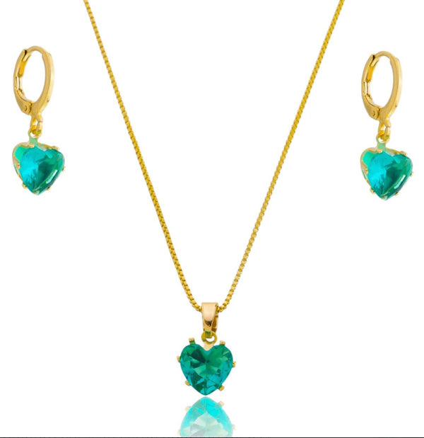 Gold-Plated Heart Jewelry Set with Green Gemstones