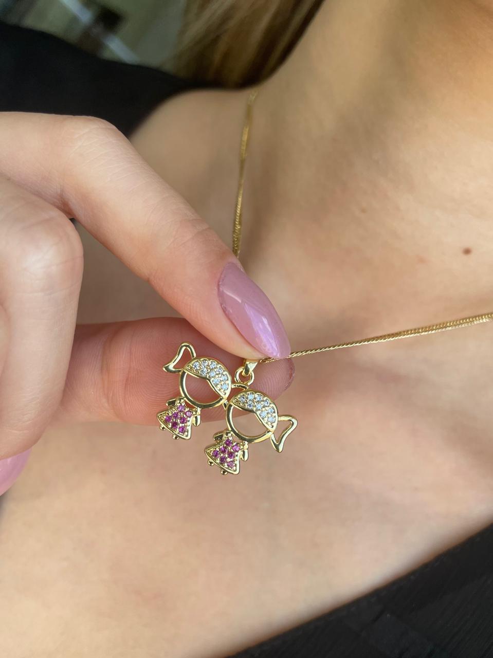 Silver Necklace with Two Pink Girls Pendant