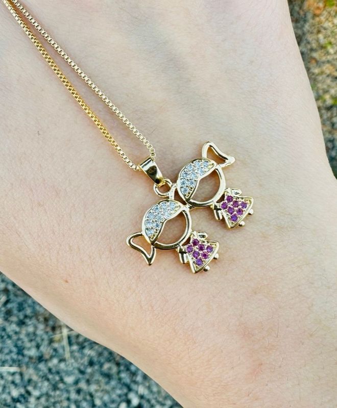 Silver Necklace with Two Pink Girls Pendant