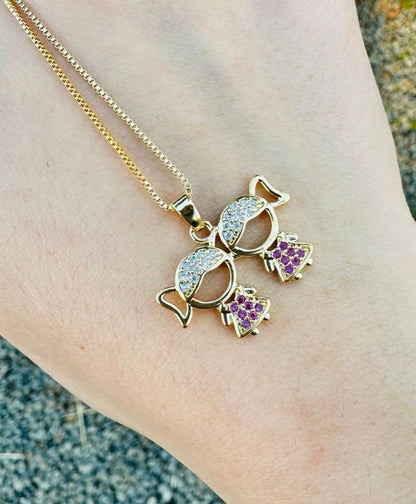 Silver Necklace with Two Pink Girls Pendant