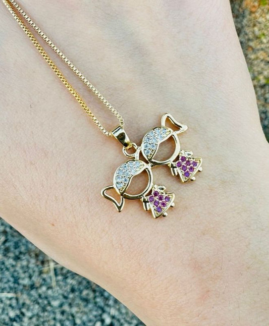 Silver Necklace with Two Pink Girls Pendant