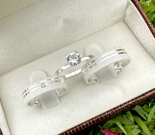 Pair of Wedding Bands in 950 SILVER - Straight Model with Side Channel, Matte Finish & Zirconia on the Women's Ring (Bonus Ring Included)