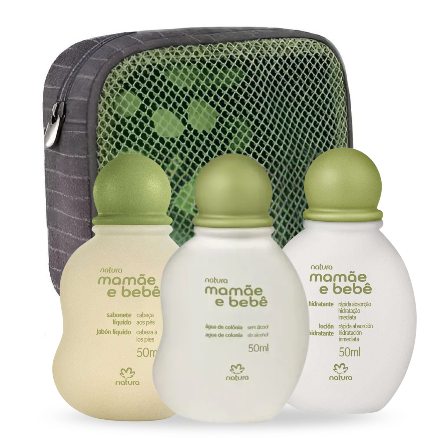 Kit Natura Mamãe e Bebê 3 Itens + Nécessaire Verde-claro – 50ml+ refil shampoo e condicionador