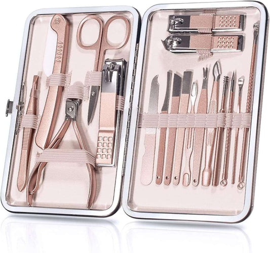 Kit de Manicure e Pedicure OWill 18 Peças com Estojo em Couro PU – Rose Gold