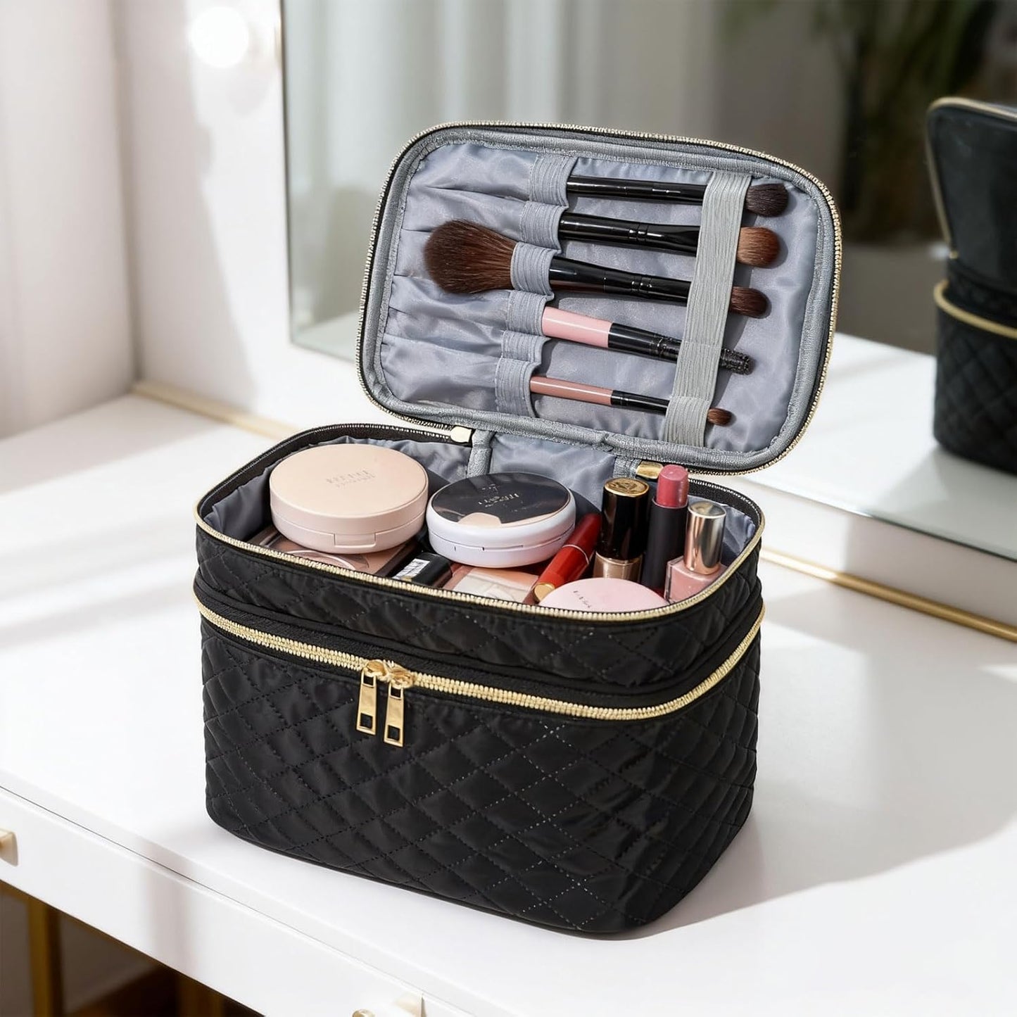 Nécessaire Grande de Viagem com Duas Camadas e Compartimentos para Pincéis – Preta